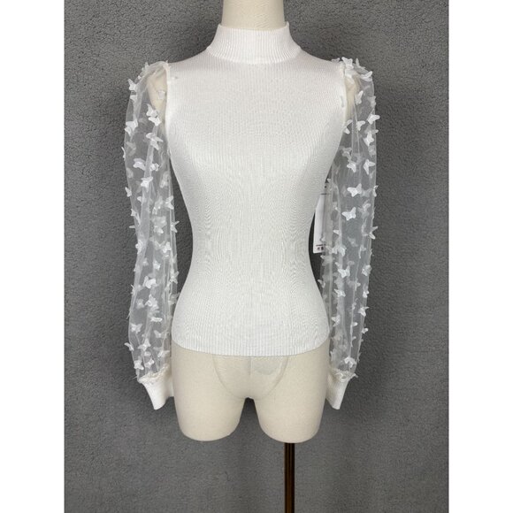 Madden Girl Women's Juniors' Ribbed Top Sheer Butterfly Sleeves White Small NWTs - Picture 1 of 8